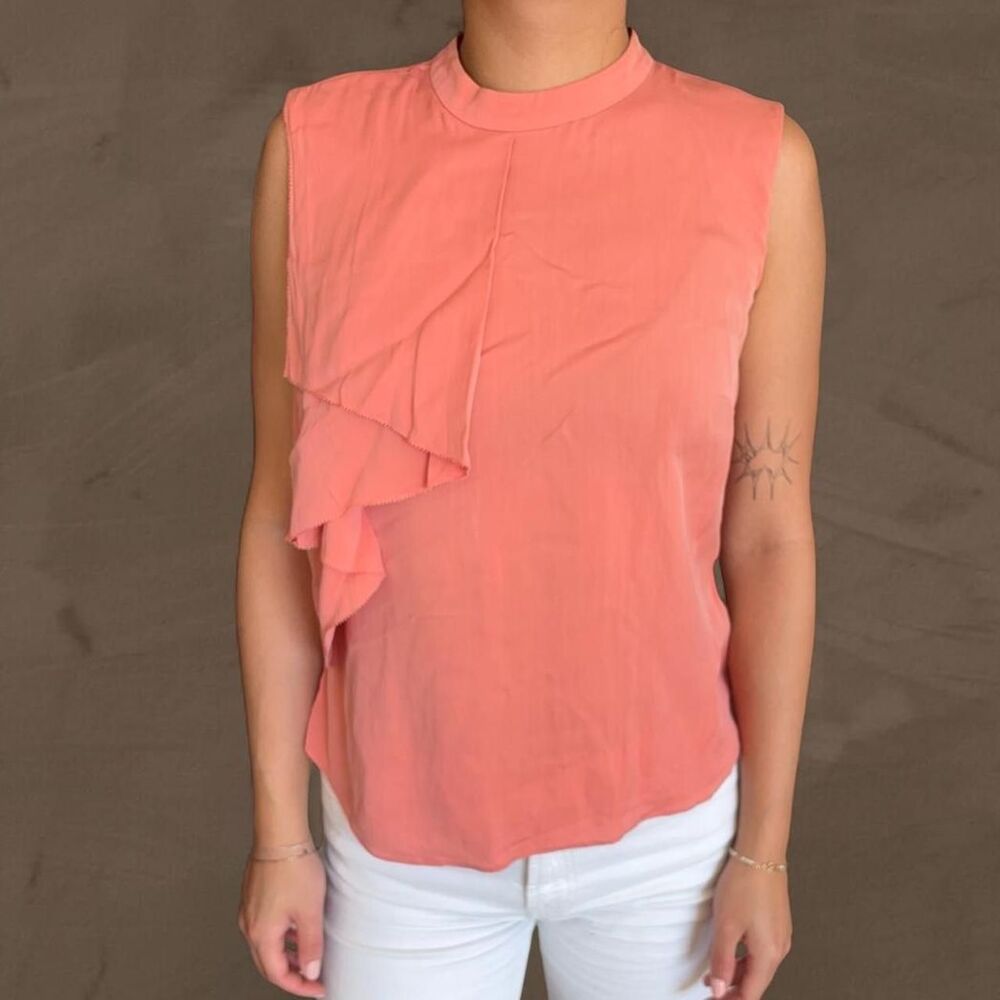 Sleeveless pink silk blouse asymmetric draped panel Emerson Rose size XS